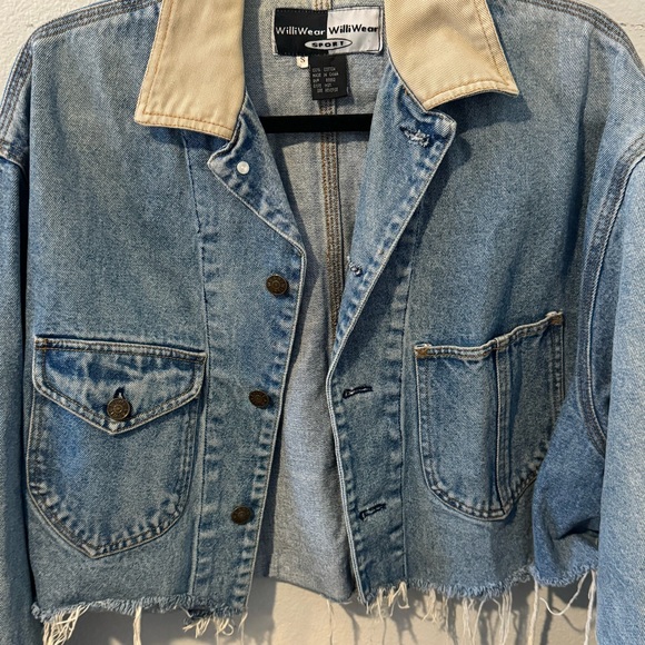 Vintage WilliWear Sport Denim Distressed Cropped Jacket with Corduroy Collar - Picture 3 of 12